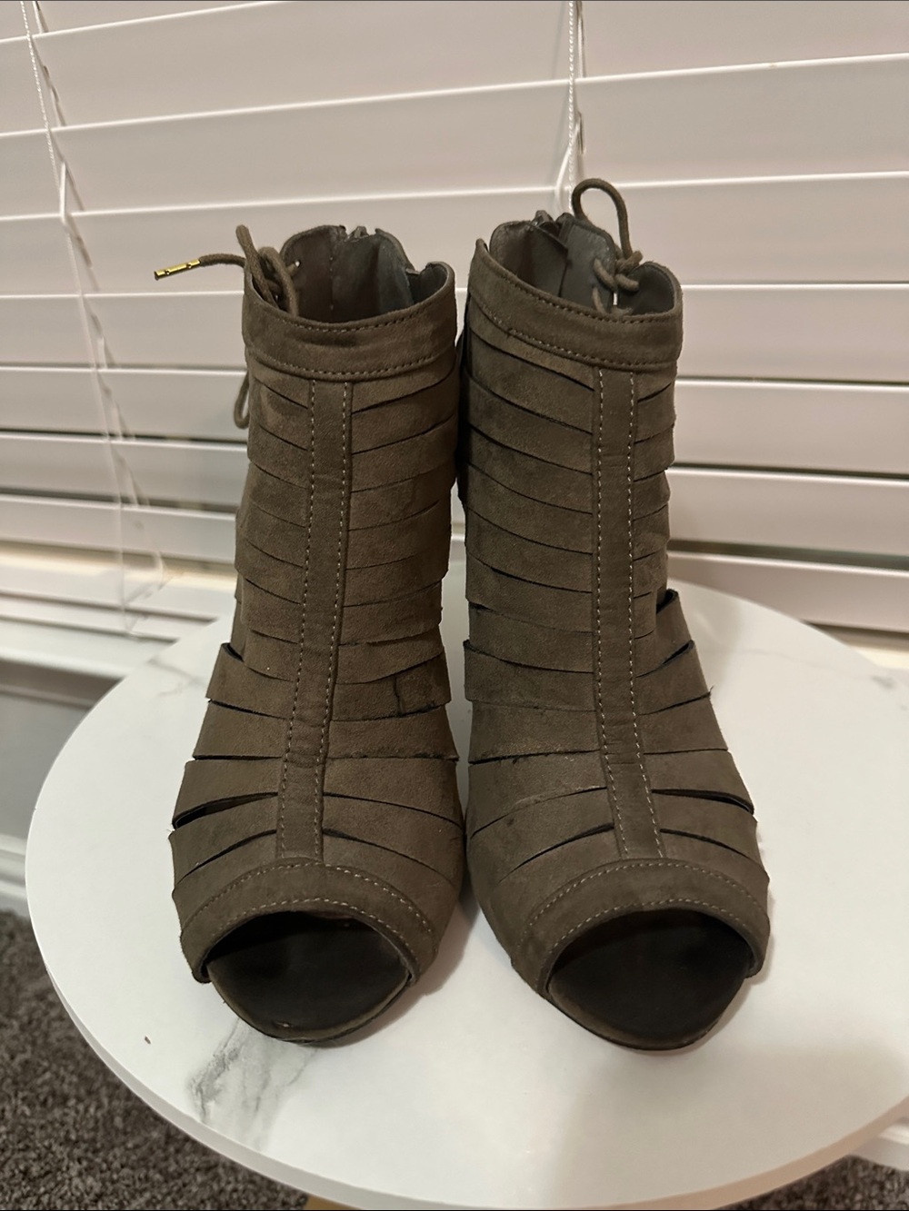 Women's Olive Suede Peep-Toe High Heel Booties - Picture 2 of 4